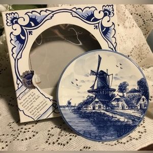🇳🇱Vintage Delft Blue Hand Painted 3” Wall Plate Detailed Windmill Scene
